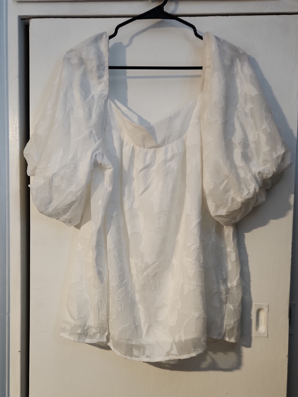 New Off The Shoulders Relaxed Fit Textured White Puff Sleeve Square-Neck Blouse.